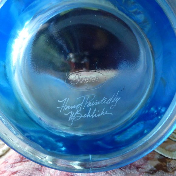 FENTON BLUE OPALESCENT SCALLOPED RIM FISH BOWL VASE PLANTER HANDPAINTED SIGNED - Picture 6 of 14